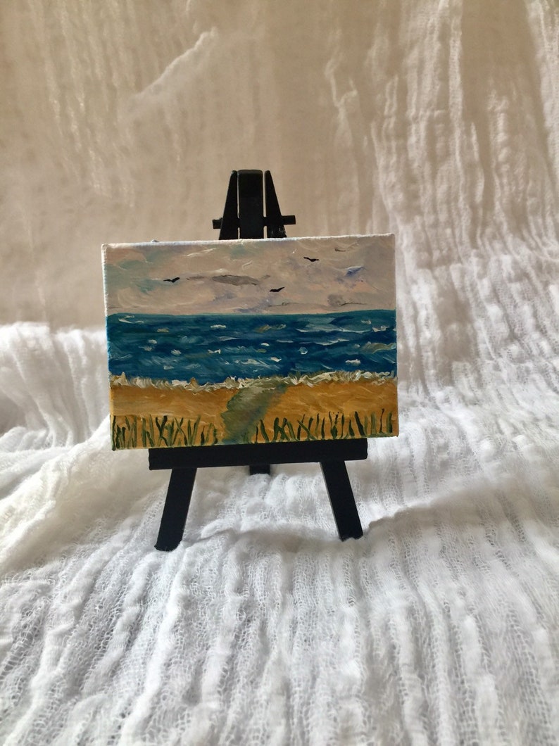 Tiny Ocean Front Oil Painting with Black Easel