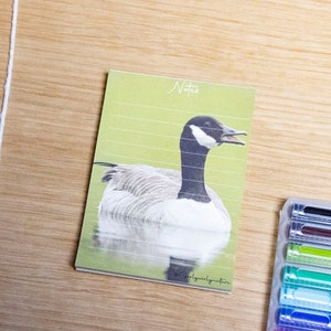 Pode incluir: Um bloco de notas verde com linhas e uma foto de um ganso canadense na capa. O bloco de notas diz "Notes" na parte superior e "polyvoresignature" na parte inferior.