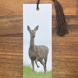 May include: A brown and white deer bookmark with a brown tassel. The deer is standing in a field of green grass.