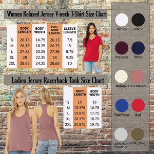 May include: A size chart for women's relaxed jersey V-neck t-shirts and ladies jersey racerback tanks. The chart includes body length, width, and sleeve length measurements in inches. Color swatches include white, black, maroon, navy, and more.