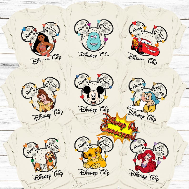 May include: Cream-colored t-shirts featuring various Disney characters, including Moana, Sully, Lightning McQueen, Belle, Mickey Mouse, Dopey, a dachshund, Simba, and Ariel. Each shirt has a Mickey Mouse ear design with "Name" and "2020" text.