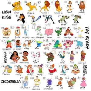 May include: A collection of cartoon character illustrations from Disney movies, including characters from Lion King, Toy Story, Moana, and Cinderella. Each character is labeled with their name and movie title.