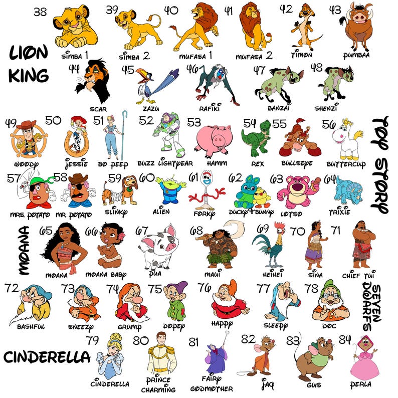 May include: A collection of cartoon character illustrations from Disney movies, including characters from Lion King, Toy Story, Moana, and Cinderella. Each character is labeled with their name and movie title.