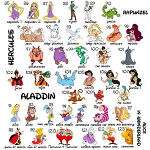 May include: A collection of cartoon character illustrations from Disney movies, including Rapunzel, Hercules, Aladdin, and Alice in Wonderland. Each character is numbered and labeled with their name. The image is on a white background.