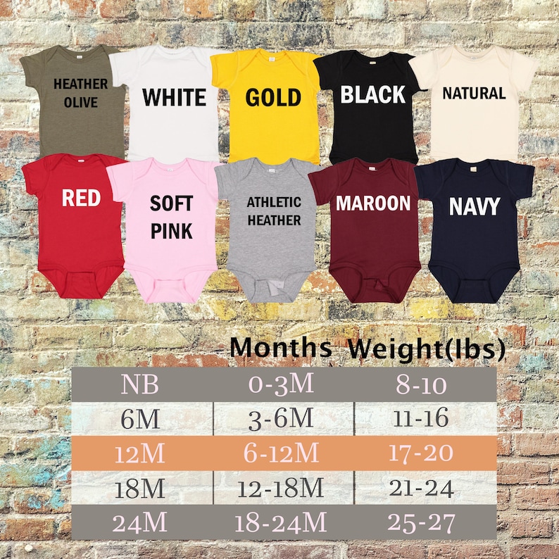 May include: A collection of baby onesies in various colors, including olive, white, gold, black, and red. Each onesie has a color name printed on it. A size chart displays months and weight in pounds.