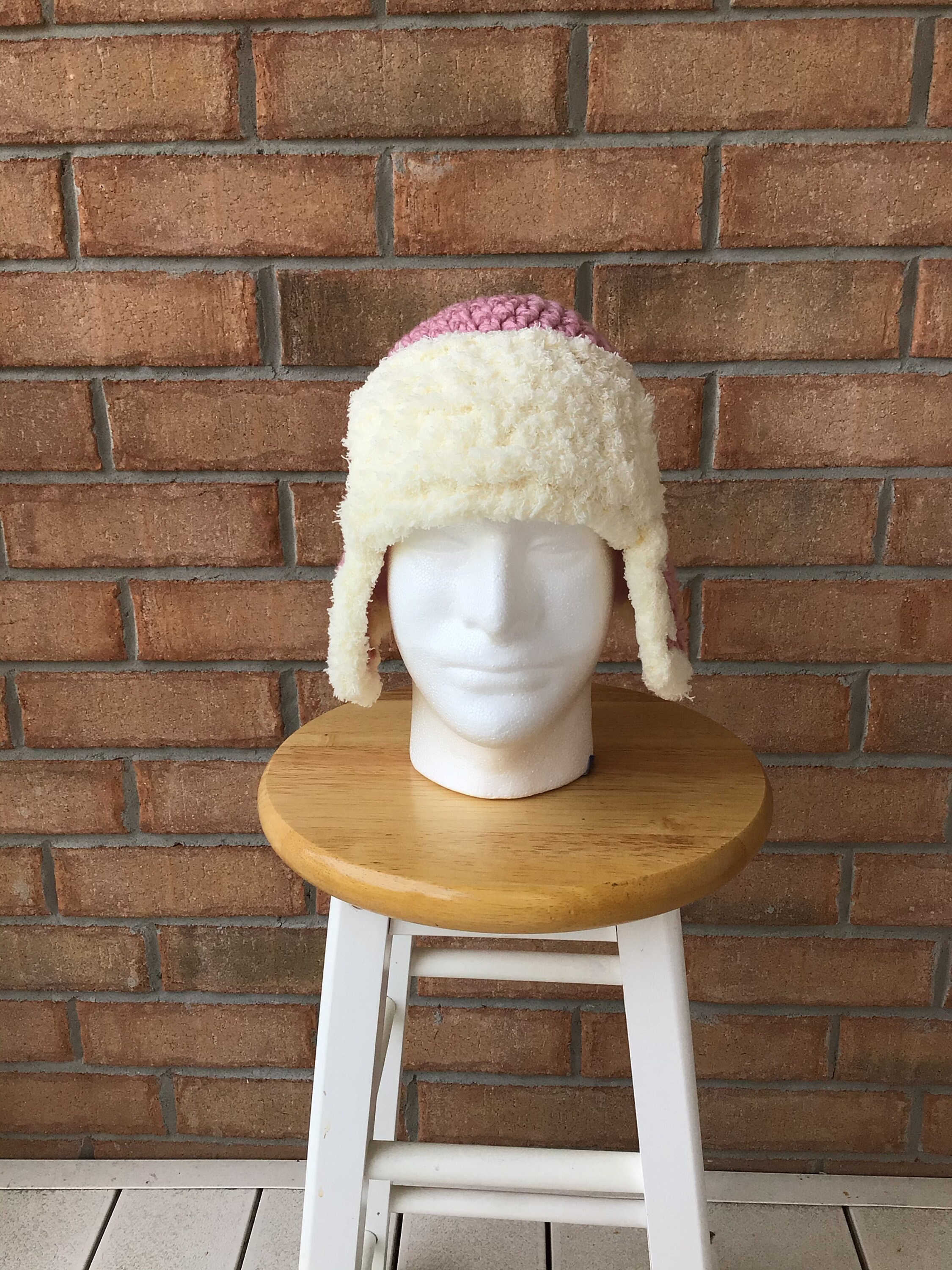 Pink Trapper Hat With Cream Trim Adult 