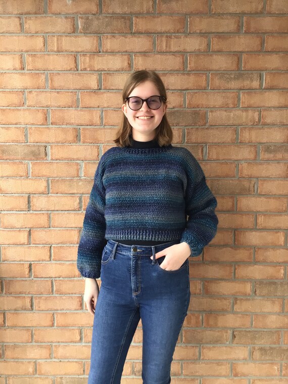 WellHookYouUp Crochet Cropped Sweater - Blue Metallic Crop Sweater - Blue Gray Striped Long Sleeve Pullover with Metallic Detail - Medium Sized Jumper