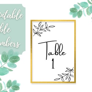 Simple Greenery Wedding Table Numbers Printable | Monochrome Black and white cursive