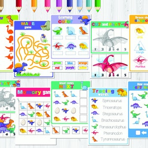 Dinosaurier -Lernpaket - Ausdruckbare Elemente für die Vorschule - Vorschulaktivität - Frühes Lernen - Dinosaurieraktivitäten