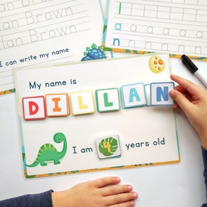 Printable name workbook, Personalized dinosaur themed name tracing and writing practice, Dry Erase Name Mat,   Name Activity