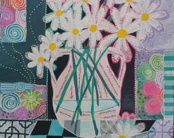 Daisies is a happy and colourful Mixed Media Collage on Lightweight Plywood (37cm x 40cm) (unframed)