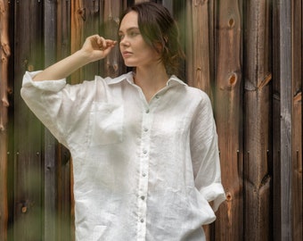 Oversized White Linen Shirt, Minimalist Organic Cotton, Unisex Beachwear