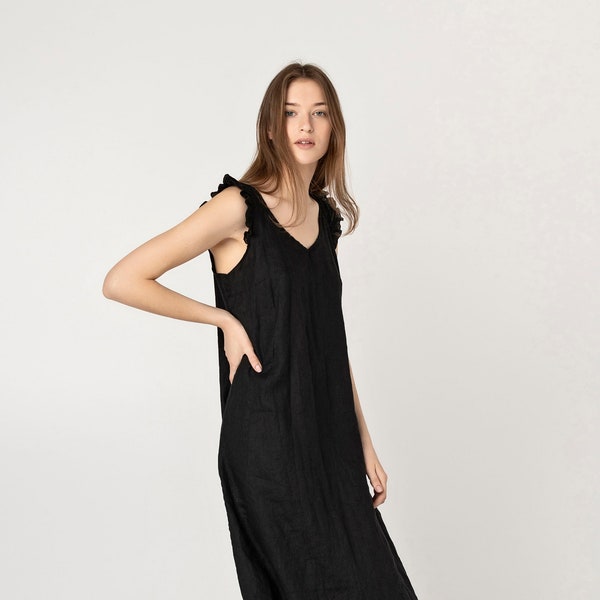 SYDNEY Organic Linen Dress in Black, Minimale Sommerkleid, Every Day Natural Linen Midi Dress, Sleeveless Summer Dress, Tunika Kleid