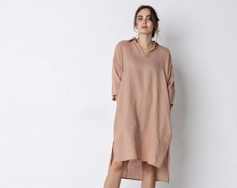 NICE vestido de camisa 100% lino para mujer, vestido de túnica de longitud midi de lino suave, traje de festival