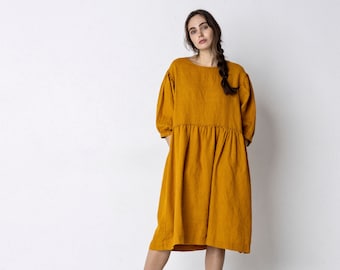 SION Robe midi en lin à smocks / Robe de vacances en lin bio à manches bouffantes pour femme / Tenue de festival naturelle pour femme