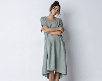 Leinenkleid in A-Linie - V-Ausschnitt, lockere Silhouette, sommerlich lässig