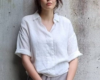 OCEAN Linen collar shirt, Summer linen blouse, Linen Tops