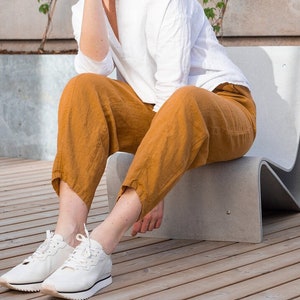 DUBLIN Relaxed Fit Natural Linen Long Pants Women, Tapered High Elastic Waist Linen Pants, Plus Size Crop Wide Leg Pants, Causal Trousers image 1