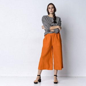 ORLEANS Linen Culottes for Women, High Elasticated Waist Maxi Linen Pants, Plus Size Pants , Festival Outfit, smart casual, office outfit image 4