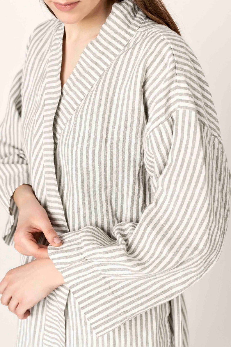 KOBE pure Linen Kimono jacket for Woman, Striped Linen Jacket, Home Loungewear, unisex jacket, unisex clothing, kimono robe image 2