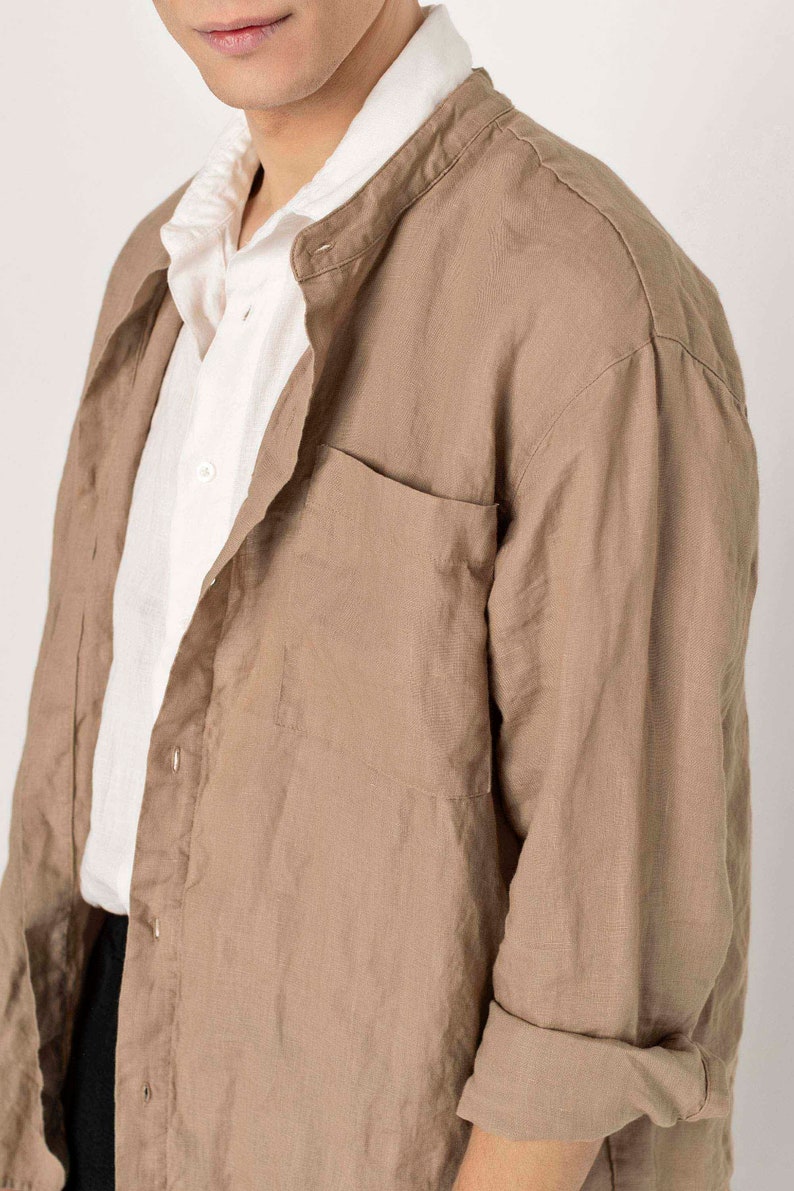 BILBAO Men's Loose Fit Linen Shirt with buttons, Long Sleeve Soft Linen Shirt for Men, Classic LINEN shirt /Fall Outfits 2023 image 4