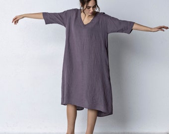 LEECE - Linen A-line Dress/ Light Weight Linen / V-neck Loose Silhouette Soft Linen Dress/ Summer Outdoors/ Festival Outfit/ Casual Leisure