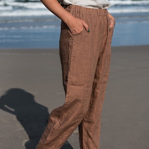 DUBLIN Relaxed Fit Natural Linen Long Pants Women, Tapered High Elastic Waist Linen Pants, Plus Size Crop Wide Leg Pants, Causal Trousers image 4