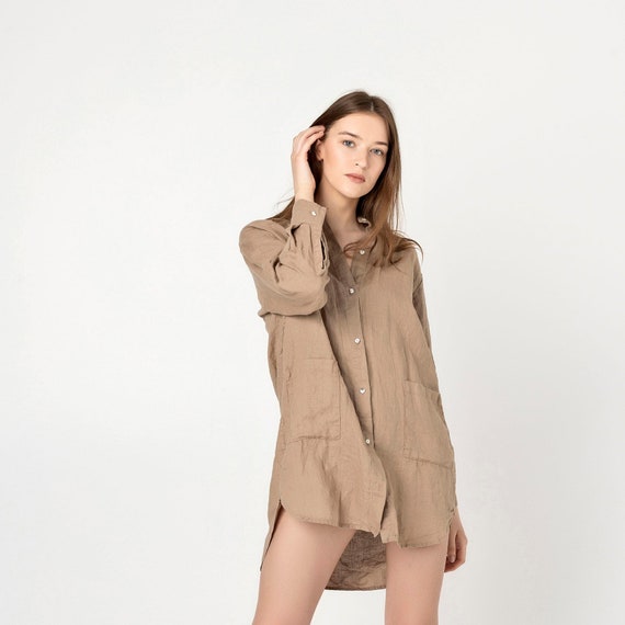 Natural Linen Tunic Dress, Long Sleeve Shirt Dress, Cozy Homewear Natural Linen Tunic Dress, Long Sleeve Shirt Dress, Cozy Homewear
