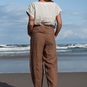DUBLIN Relaxed Fit Natural Linen Long Pants Women, Tapered High Elastic Waist Linen Pants, Plus Size Crop Wide Leg Pants, Causal Trousers image 5