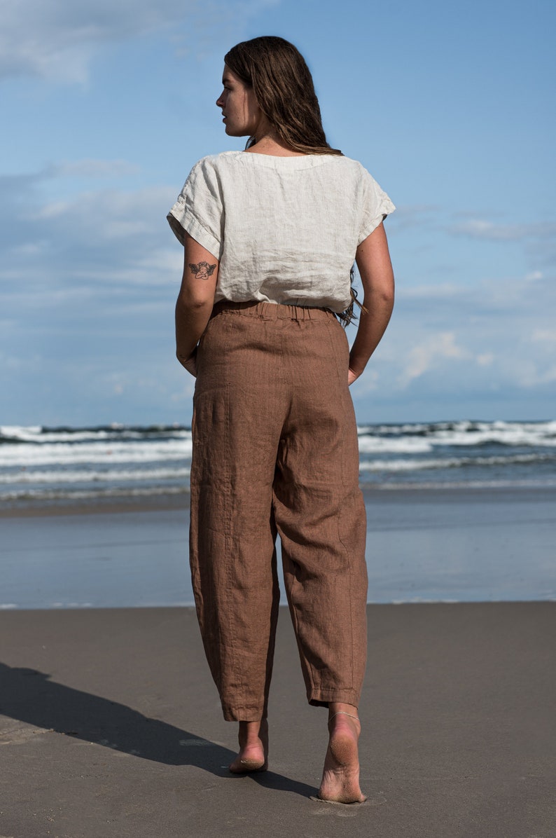 DUBLIN Relaxed Fit Natural Linen Long Pants Women, Tapered High Elastic Waist Linen Pants, Plus Size Crop Wide Leg Pants, Causal Trousers image 5