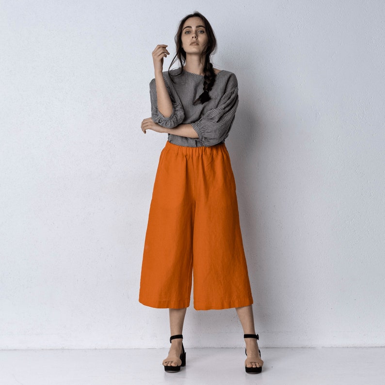 ORLEANS Linen Culottes for Women, High Elasticated Waist Maxi Linen Pants, Plus Size Pants , Festival Outfit, smart casual, office outfit image 5