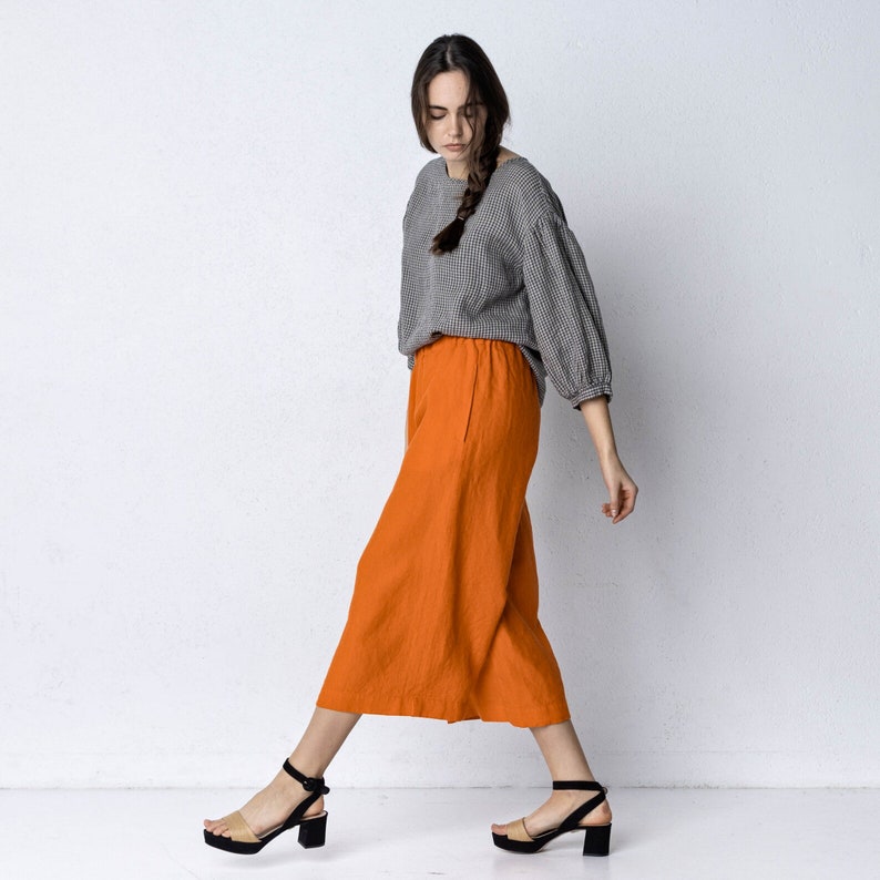 ORLEANS Linen Culottes for Women, High Elasticated Waist Maxi Linen Pants, Plus Size Pants , Festival Outfit, smart casual, office outfit image 2