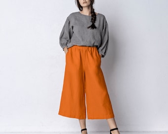 ORLEANS Linen Culottes for Women, High Elasticated Waist Maxi Linen Pants, Plus Size Pants , Festival Outfit, smart casual, office outfit