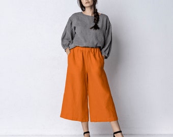 ORLEANS Linen Culottes for Women, High Elasticated Waist Maxi Linen Pants, Plus Size Pants , Festival Outfit, smart casual, office outfit