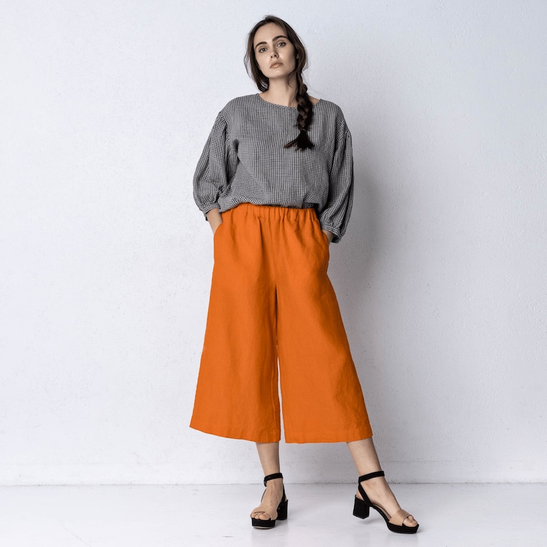 ORLEANS Linen Culottes for Women, High Elasticated Waist Maxi Linen Pants, Plus Size Pants , Festival Outfit, smart casual, office outfit image 1