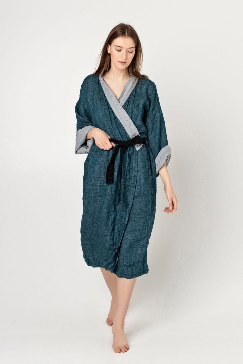 NAGOYA Accappatoio Kimono in lino naturale, Peignoir en Pur Lin, Peignoir en Lin Pour Femme, Kimono en Lin, Abbigliamento per la casa elegante immagine 1