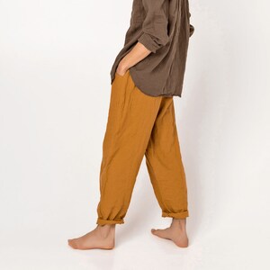 DUBLIN Relaxed Fit Natural Linen Long Pants Women, Tapered High Elastic Waist Linen Pants, Plus Size Crop Wide Leg Pants, Causal Trousers image 2