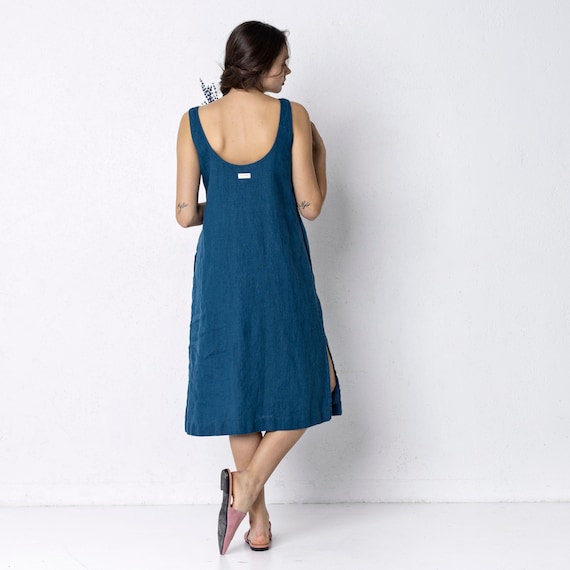 Linen Tank Midi Dress: Scoop Neck, Loose Fit, Side Pockets