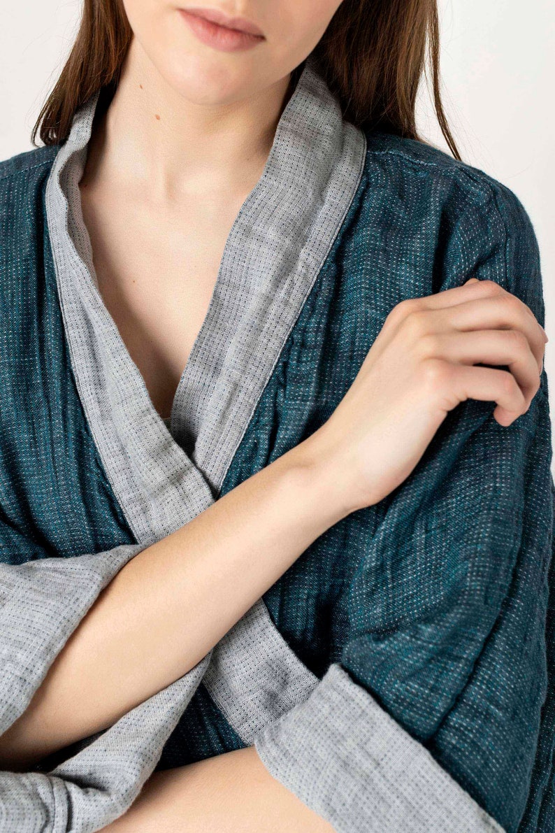 NAGOYA Accappatoio Kimono in lino naturale, Peignoir en Pur Lin, Peignoir en Lin Pour Femme, Kimono en Lin, Abbigliamento per la casa elegante immagine 7