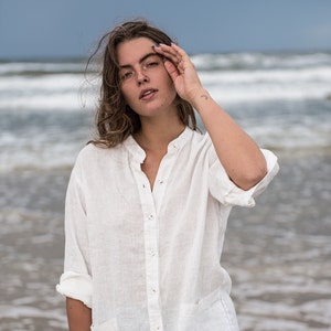 Natural White Linen Tunic Dress, Loose Fit Shirt, Beachwear