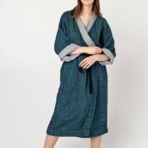 NAGOYA Accappatoio Kimono in lino naturale, Peignoir en Pur Lin, Peignoir en Lin Pour Femme, Kimono en Lin, Abbigliamento per la casa elegante immagine 3