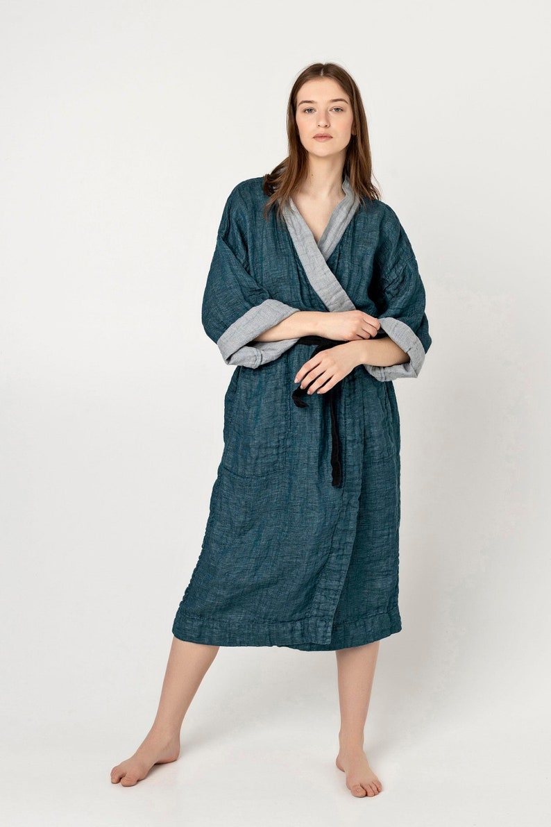 NAGOYA Accappatoio Kimono in lino naturale, Peignoir en Pur Lin, Peignoir en Lin Pour Femme, Kimono en Lin, Abbigliamento per la casa elegante immagine 3