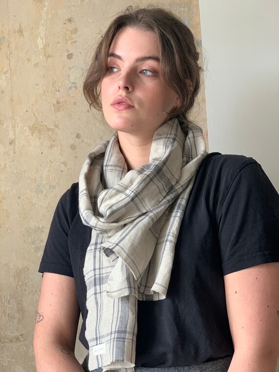 Checkered Linen Scarf, Lightweight Unisex Shawl, Zero Waste