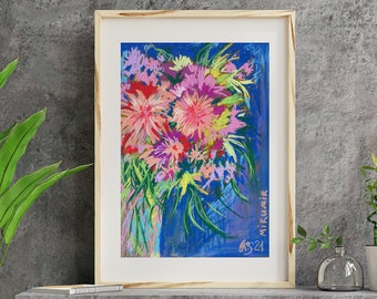 Abstract Flowers Painting | Bouquet Wall Art | Oil Pastel Art | Floral Artwork 15 by 10.4 inches by Zoya Mirumir
