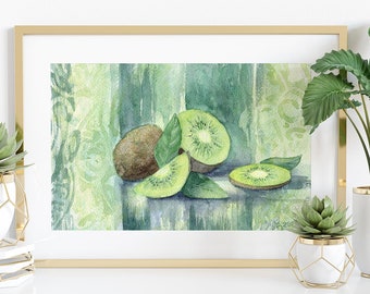 Kiwi Fruit Painting Kitchen Wall Art Fruit Artwork Food Original Watercolor Painting  7.2x10.7 inches by Zoya Mirumir