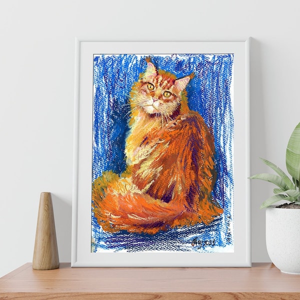 Red Cat Oil Pastel Painting, Original Wall Art by Zoya Mirumir 12.5 by 9 inches