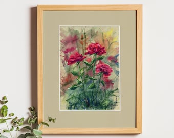 Rose Oil Pastel Painting and Watercolor Floral Art Work Original Oil Pastel Art Flowers Painting by Zoya Mirumir