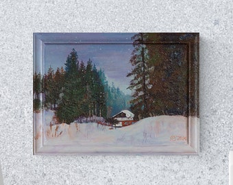 Winter Forest Landscape Painting, Framed Woodland Trees Artwork 13x9.5