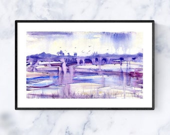 Abstract Watercolor Landscape | Violet and Blue Watercolor Painting | Modern Wall Art | Home Office Decor Art