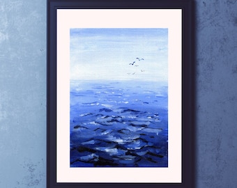 Minimalist Seascape Acrylic Painting | Ocean Painting | Blue Artwork with Sea and Birds